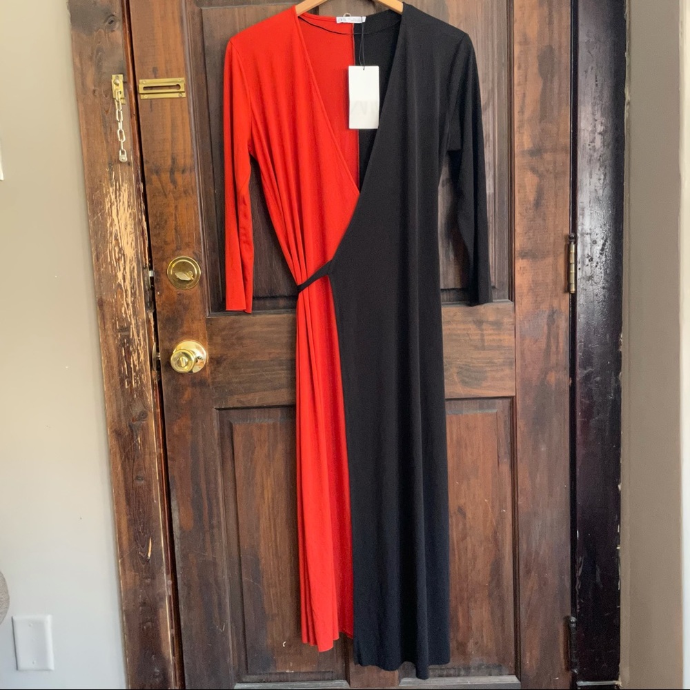 ZARA Two-toned Wrap Midi long-sleeve Dress NWT (torn)